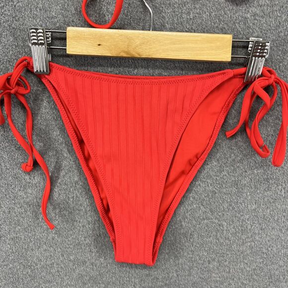 Pacsun Swim Bikini Womens Top Large Bottom Small Red Ribbed Two Piece Tie Side - Picture 4 of 11